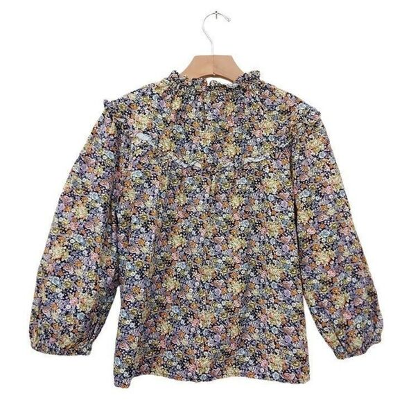 Universal Thread Blouse Womens XS Beige 3/4 Balloon Sleeve Shirred Neck Floral - Picture 4 of 10